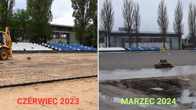 Tak postępuje modernizacja stadionu w Golubiu-Dobrzyniu - dla porównania zdjęcia z czerwca 2023 i marca 2024