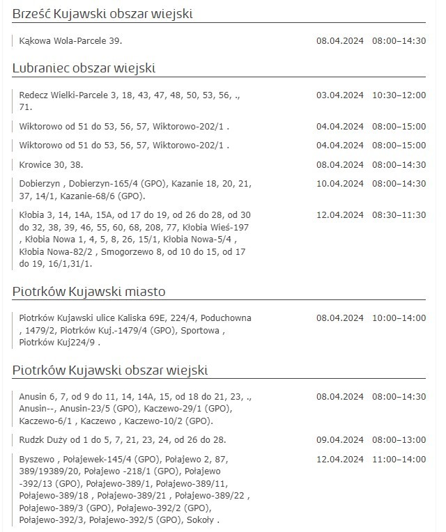 Wyłączenia w miastach i gminach Kujawsko-Pomorskiego