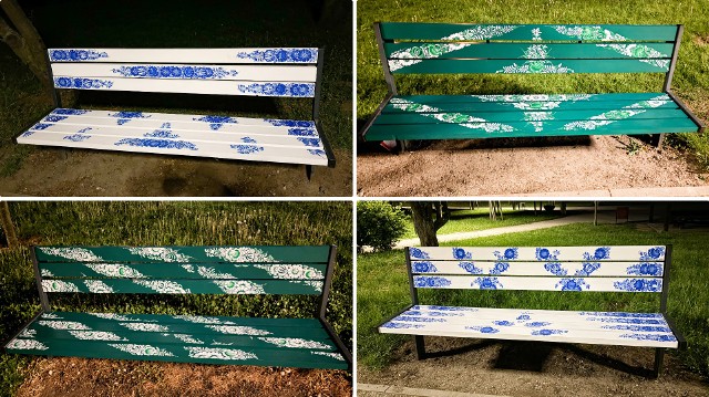 Tak wyglądają fajansowe ławki, znajdujące się w Parku na Słodowie we Włocławku.