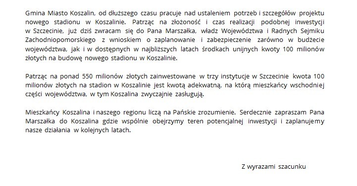 List prezydenta Koszalina do marszałka województwa 2