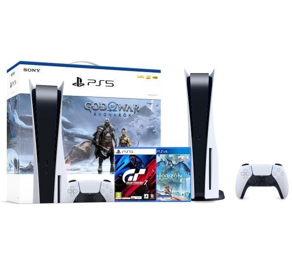 Sony PlayStation 5 (PS5) + God of War Ragnarok + Horizon Forbidden West + Gran Turismo 7