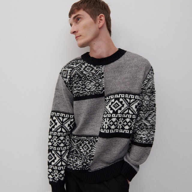 Reserved - PREMIUM Wełniany sweter z nieregularnym wzorem - Wielobarwny
