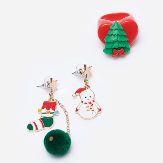 House - Komplet świątecznej biżuterii: kolczyki i pierścionek - Wielobarwny