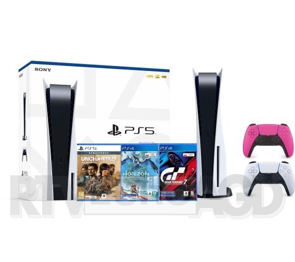 Sony PlayStation 5 + Gran Turismo 7 + Horizon Forbidden West + Uncharted: Kolekcja + dodatkowy pad (różowy)