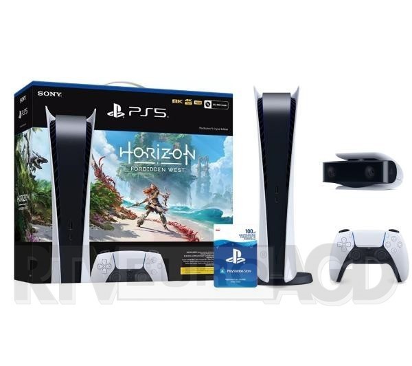 Sony PlayStation 5 Digital (PS5) + Horizon Forbidden West Bundle + doładowanie PSN 100 zł + kamera HD