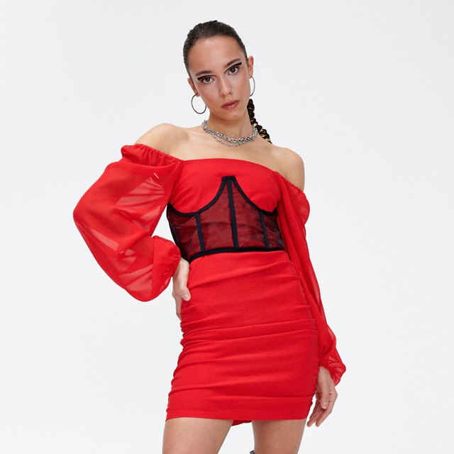Cropp - Czerwona sukienka z bufiastymi rękawami - Bordowy