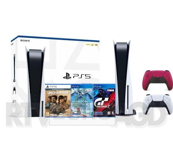 Sony PlayStation 5 + Gran Turismo 7 + Horizon Forbidden West + Uncharted: Kolekcja + dodatkowy pad (czerwony)