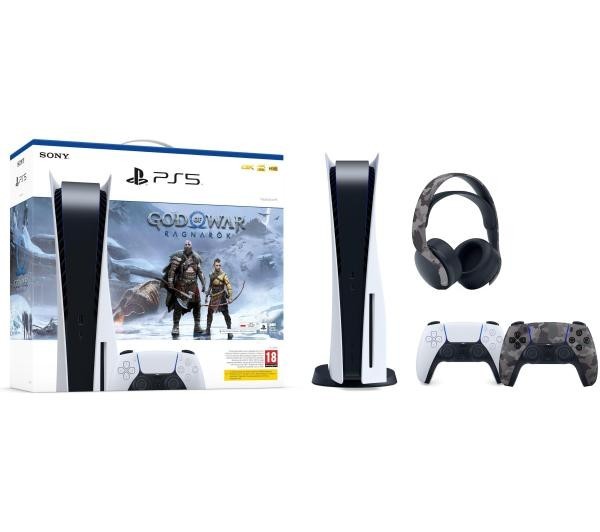 Sony PlayStation 5 (PS5) + God of War Ragnarok + słuchawki PULSE 3D (szary kamuflaż) + dodatkowy pad (szary kamuflaż)