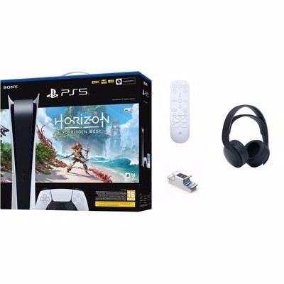 PlayStation 5 Digital Edition + Horizon Forbidden West (kod do pobrania) + Pilot PS5 Media Remote + Zestaw słuchawkowy SONY Pulse 3D Wireless Headset