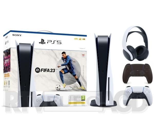 Sony PlayStation 5 (PS5) + FIFA 23 + dodatkowy pad (czarny) + słuchawki PULSE 3D (biały)