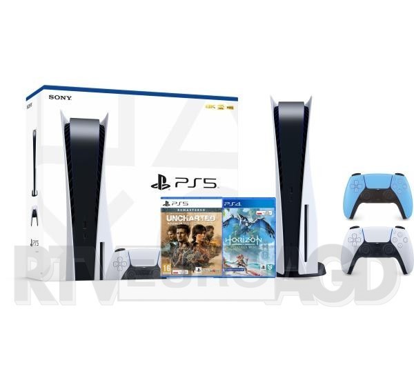 Sony PlayStation 5 + Horizon Forbidden West + Uncharted: Kolekcja Dziedzictwo Złodziei + dodatkowy pad (niebieski)