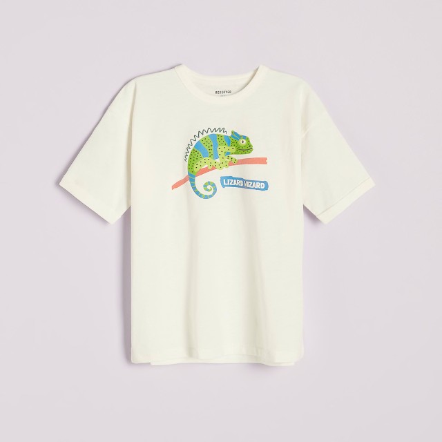Reserved - T-shirt z kameleonem - Kremowy